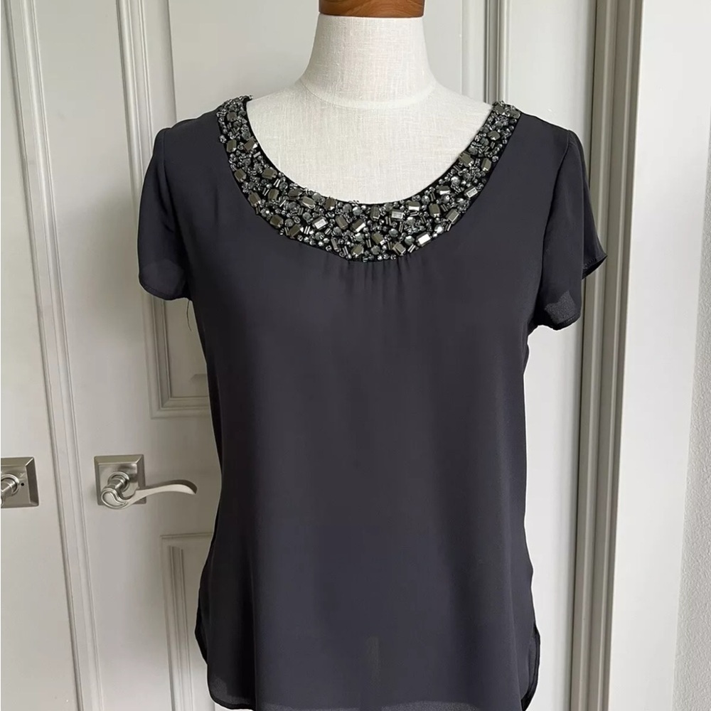 Socialite Gray Embellished Short Sleeve Blouse Rhinestone Size L Career